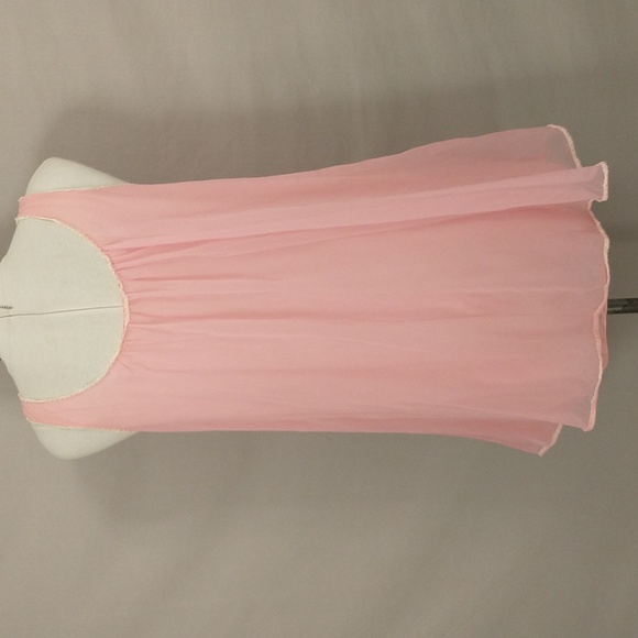 Vintage Candy Pink Nightgown Sheer over Opaque Lace w Ribbon Short Sleeveless - Picture 4 of 8